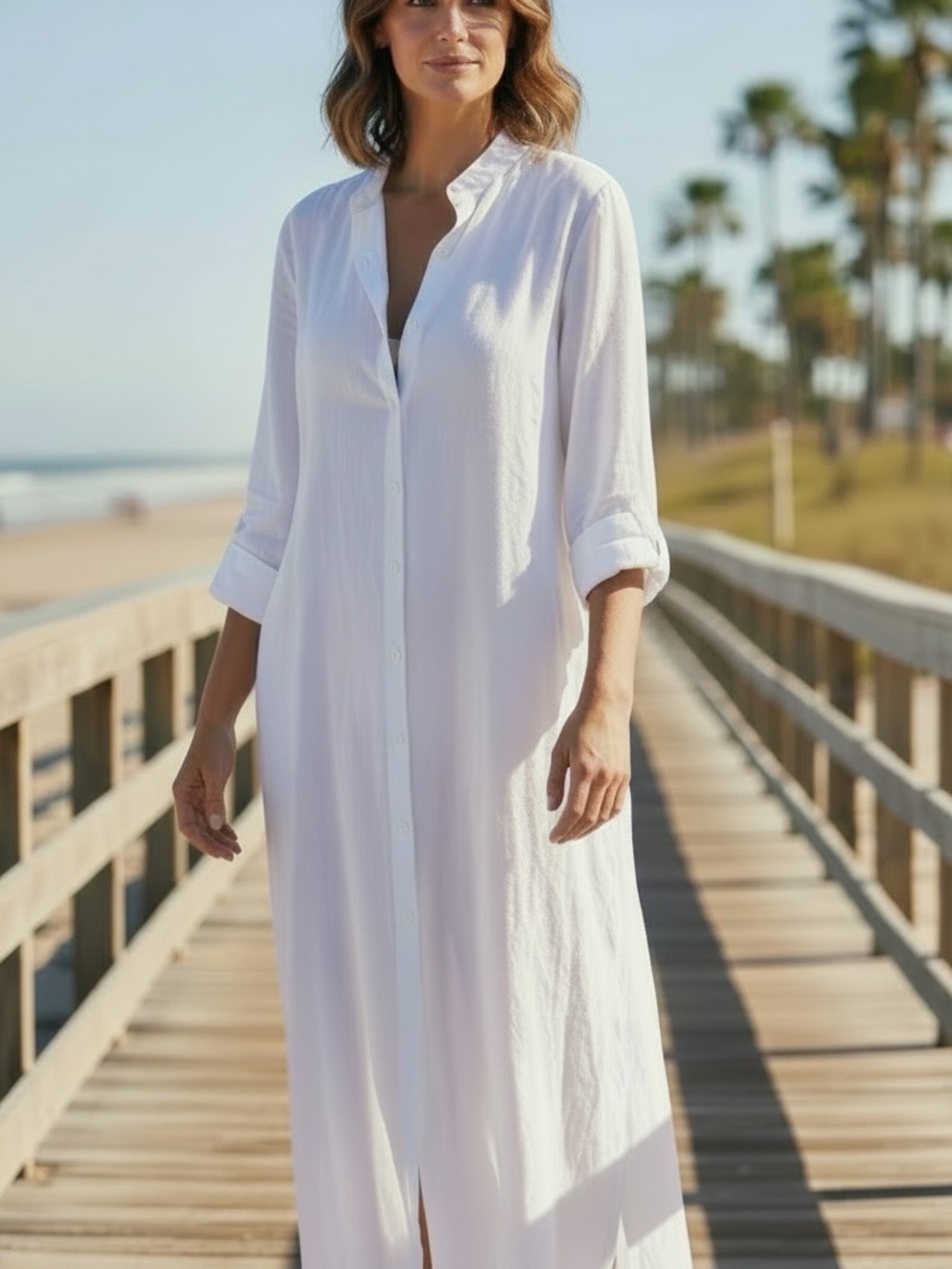 Women's White Long Button-Front Swim Cover-Up Dress